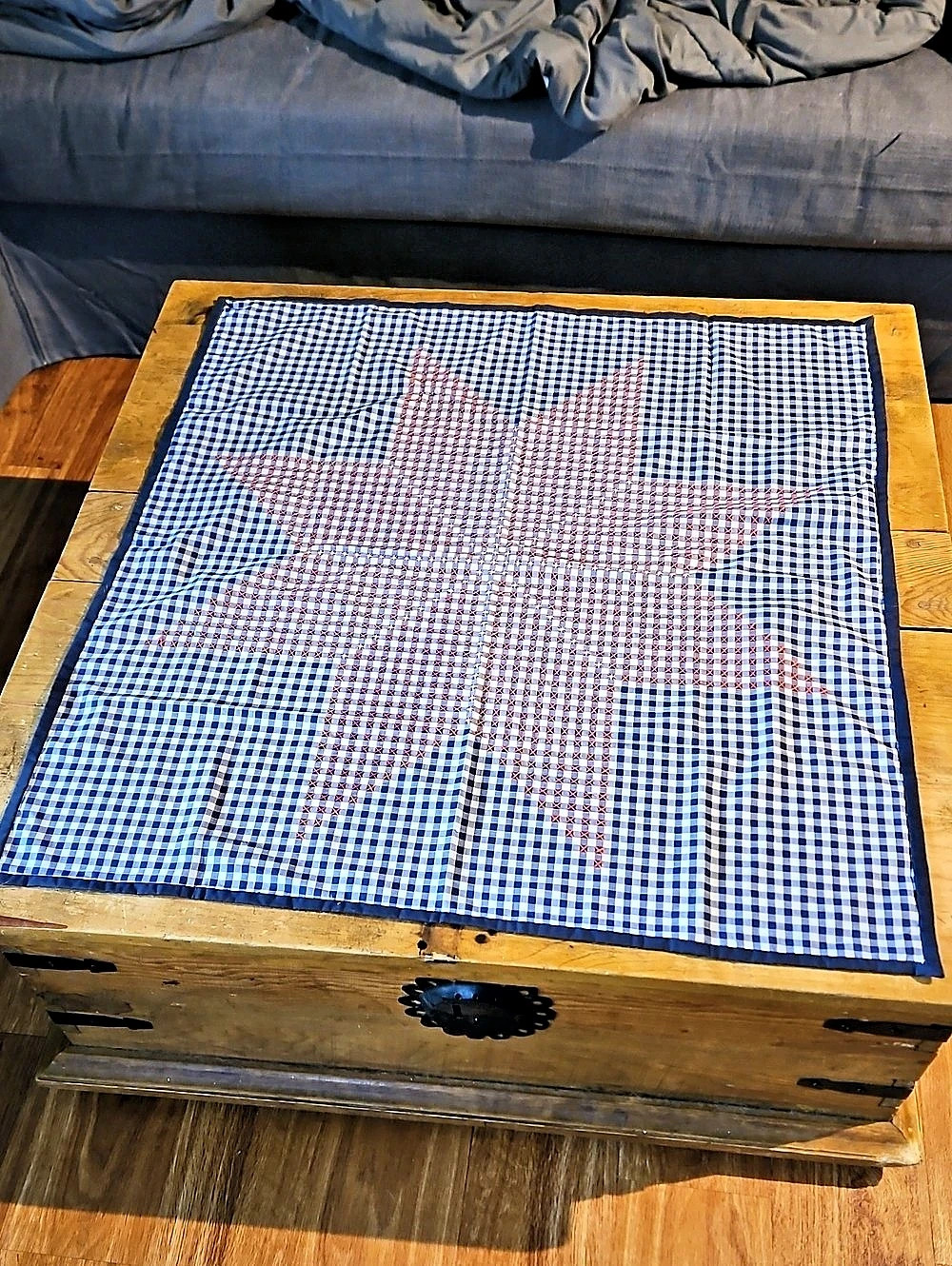 Blue & White Gingham Embroidered Textile 32 X 32